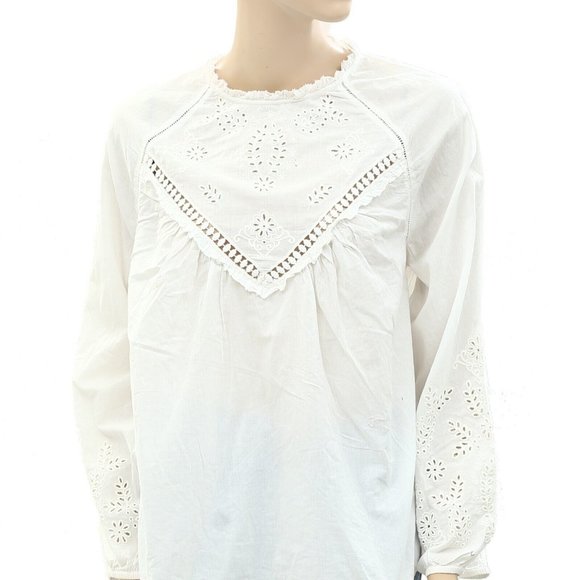 Sezane Alois Blouse Top Eyelet Embroidered White Cotton Floral - Picture 7 of 9